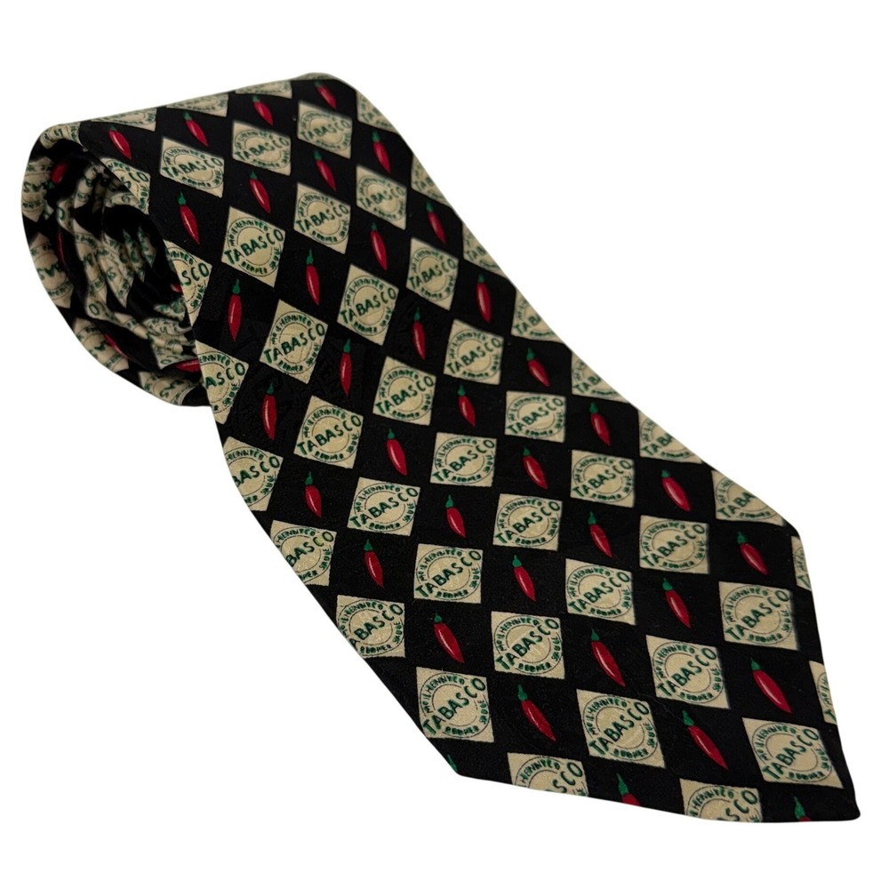 Tabasco Mens Silk Tie Black Red Chili Pepper Logo Hot Sauce Novelty Made in USA